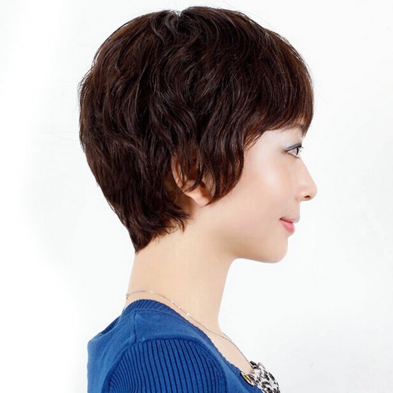 玫瑰雨 碎刘海微短卷发 女士中老年真发假发短发女假发套 顶心手织