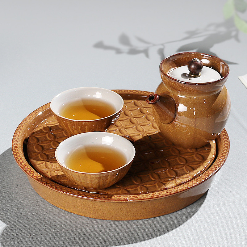 郑品 日式粗陶五行快客杯整套茶具 一茶壶两杯茶叶罐带茶盘 创意便携