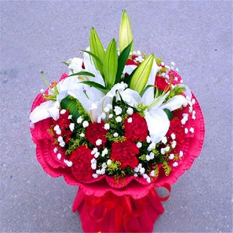全国鲜花速递 红康乃馨百合混搭花束
