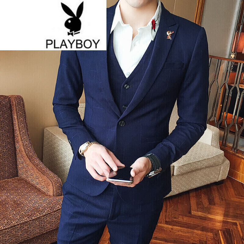 公子春款韩版青年修身三件套装男士结婚西服白