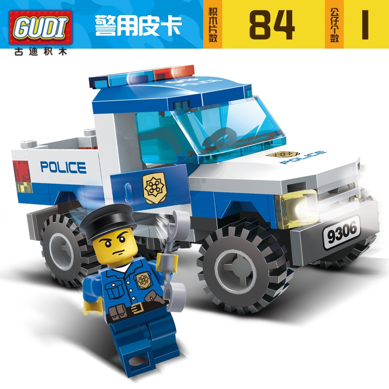 趣味diy拼装积木警察场景模型玩具礼物警察皮卡车84片兼容乐高3-6岁