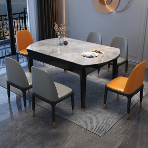梵宜岩板折叠餐桌椅组合现代简约实木家用小户型方圆伸缩饭桌子