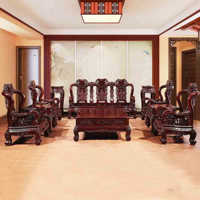 琪梦红木家具红木沙发十件套实木客厅组合大中华红檀木雕花沙发