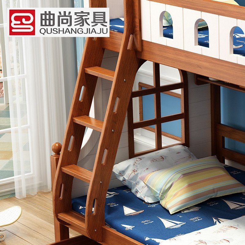 曲尚qushang儿童床全实木橡木高低床子母床青少年儿童男孩女孩上下铺