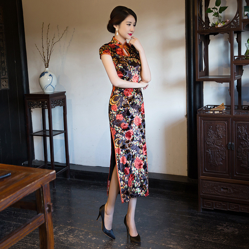 杰瑞丽莎秋冬旗袍新款长款高开叉旗袍 立领旗袍 无袖