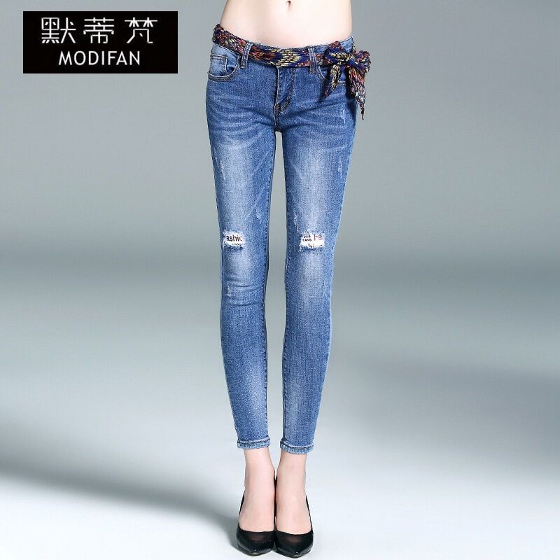 默蒂梵女式紧身牛仔裤欧美破洞高弹修身九分铅