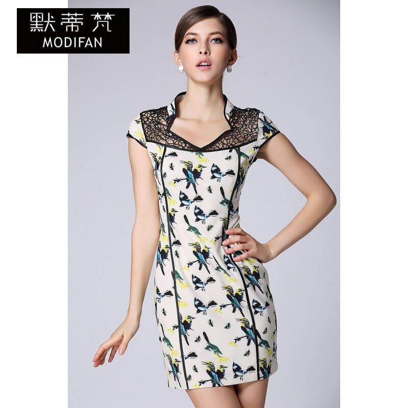 默蒂梵2017夏季新款改良时尚旗袍裙 短袖镂空