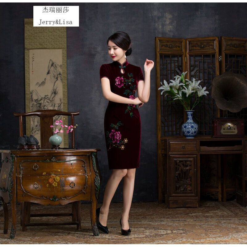 杰瑞丽莎2017春装新款钉珠手绘短款旗袍短袖