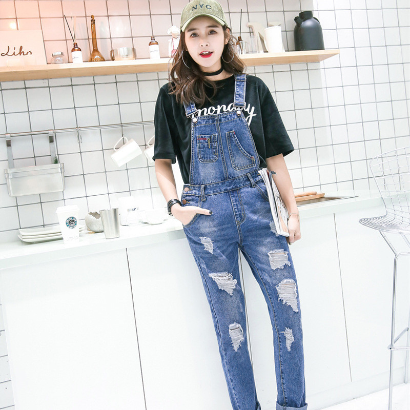 娇米诗2017春夏季新款破洞牛仔背带裤女长裤