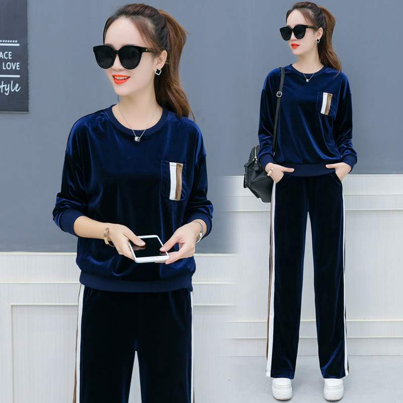 娇米诗2017冬季开叉阔腿裤丝绒套装女新款撞