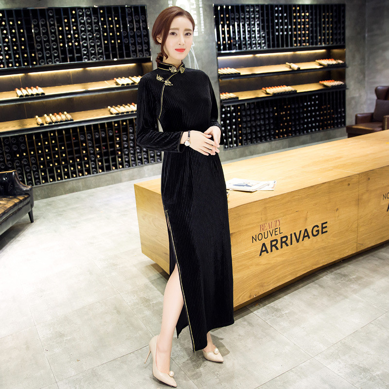 勤晴依恋 中久2016秋季新款高档丝绒长款纯色