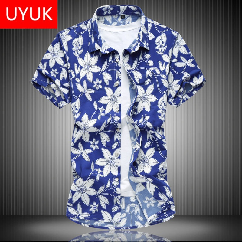 UYUK夏季花衬衫男短袖碎花中年加肥加大码宽