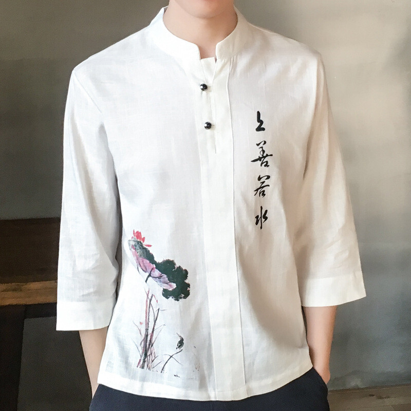 UYUK中国风男装七分袖亚麻T恤男短袖中式大