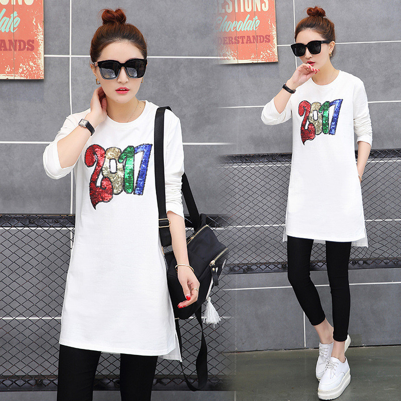 T恤女中长款2017春装新款韩版女上衣时尚百搭