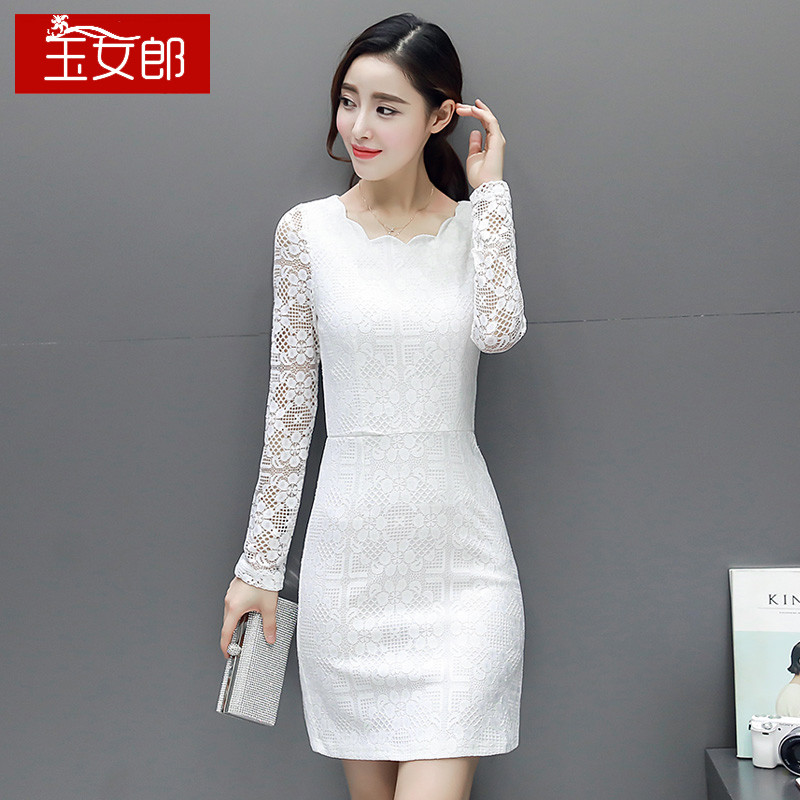 玉女郎 2017中长款蕾丝雪纺打底衫女长袖春秋