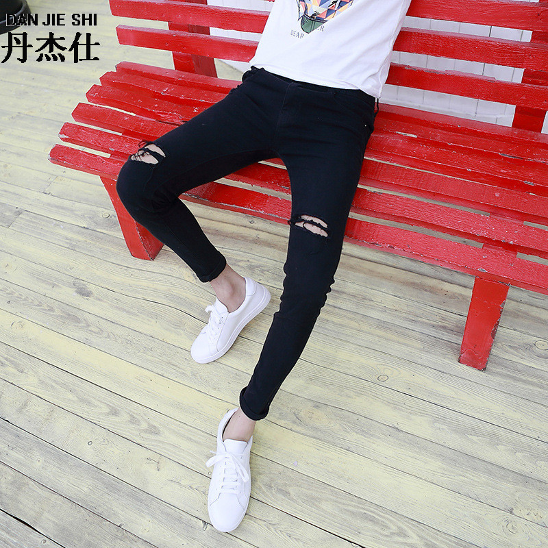 杰仕2017夏款潮流膝盖破洞9分裤子乞丐裤 男