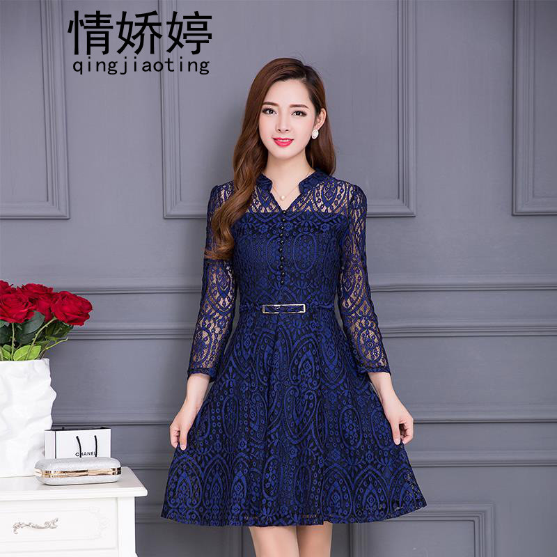情娇婷2017韩版新款蕾丝长袖连衣裙秋装新款