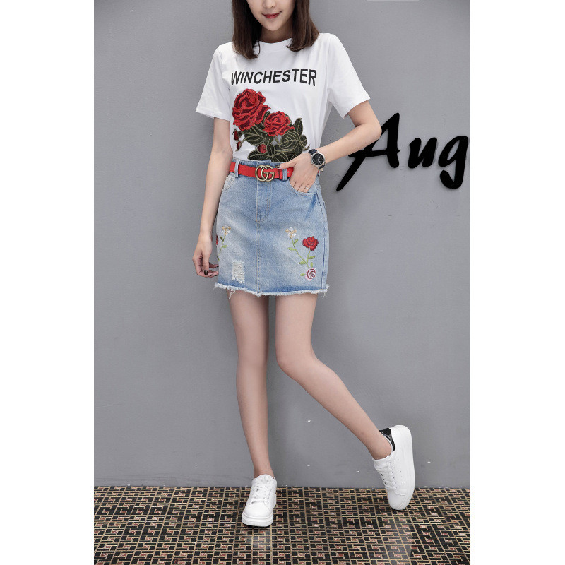 朵儿2017刺绣玫瑰花短袖T恤+牛仔短裙套装裙