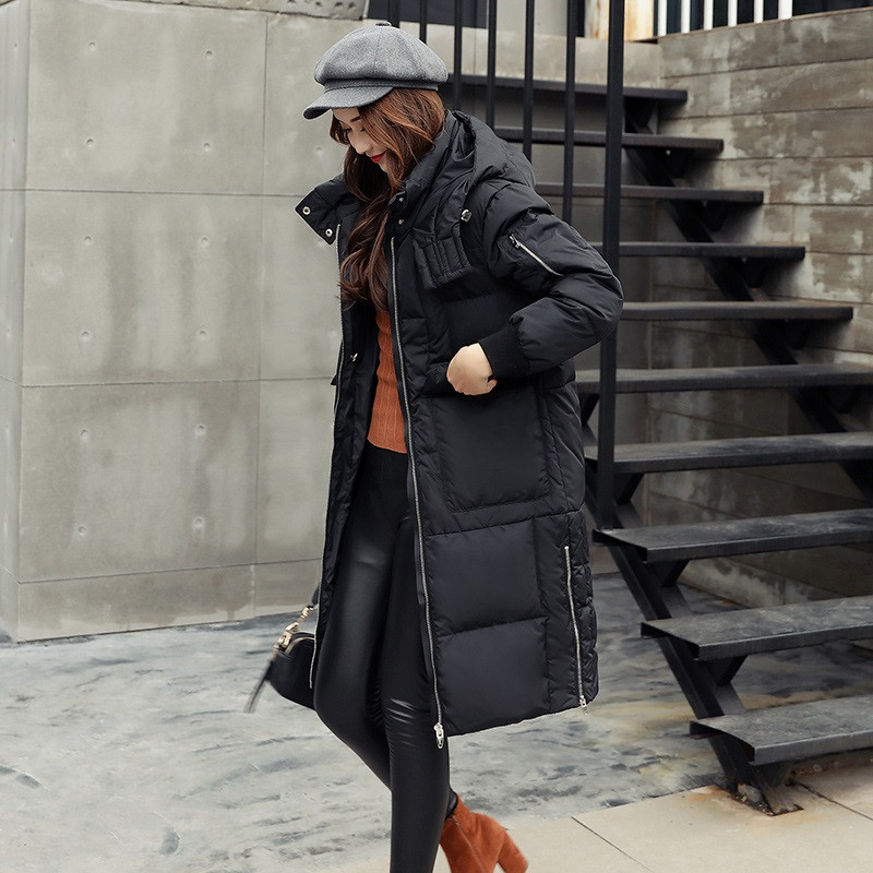 C2016冬季新款女士过膝长款羽绒风衣女拉链连