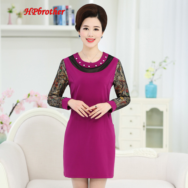 HPbrother2017春装新款中老年长袖连衣裙中长