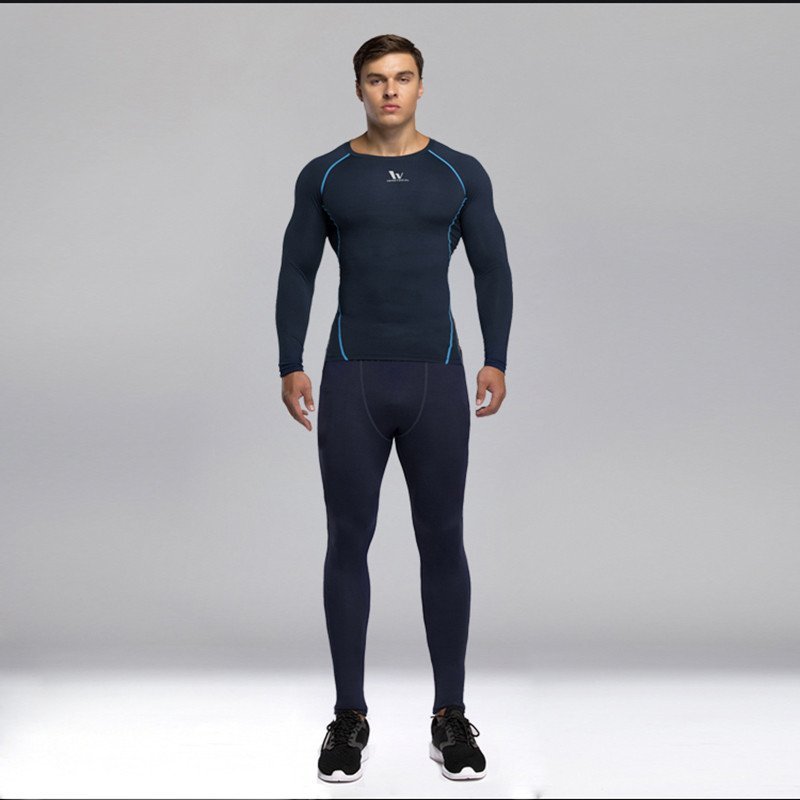 时尚紧身衣裤男士运动健身衣紧身长裤套装训练服速干透气跑步长袖t恤