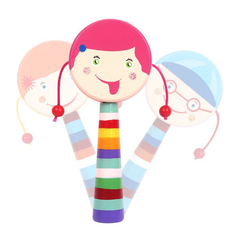 可爱卡通笑脸木制双面拨浪鼓 婴幼儿宝宝发声玩具蓝色