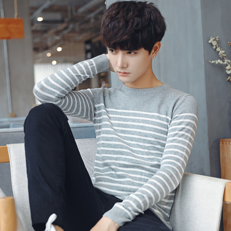 AR文艺青年条纹拼接圆领毛衣男上衣2017新款