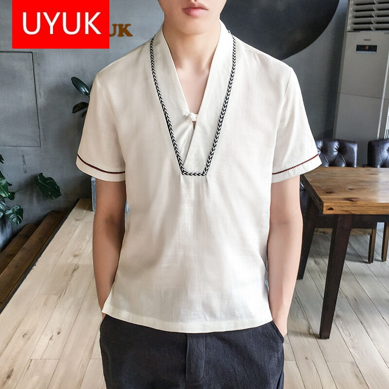 2017新款衬衫UYUK中国风夏装织带V领T恤盘