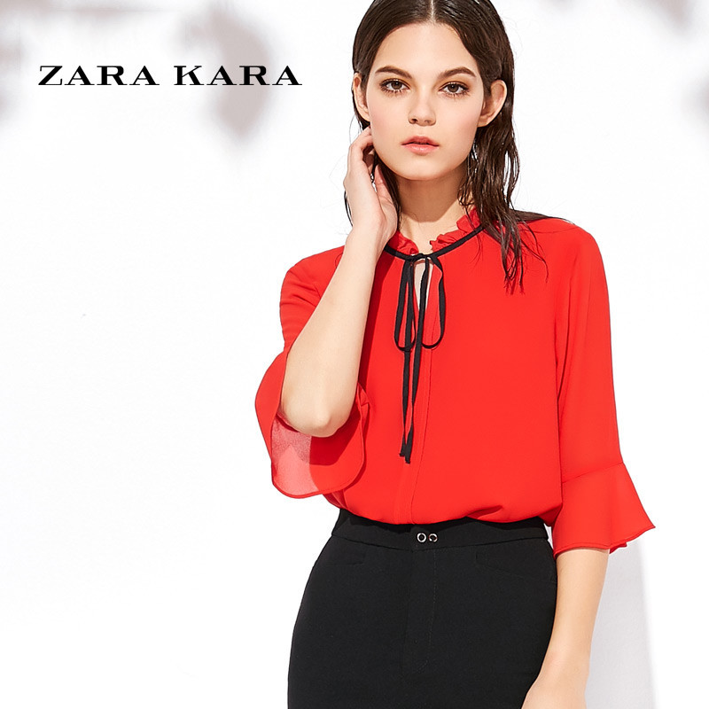 ZARA KARA系带喇叭袖红色雪纺衫宽松显瘦气