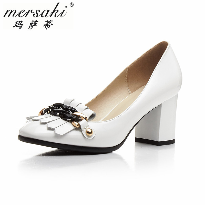 玛萨蒂品牌女鞋 欧洲站粗跟单鞋女式中跟漆皮