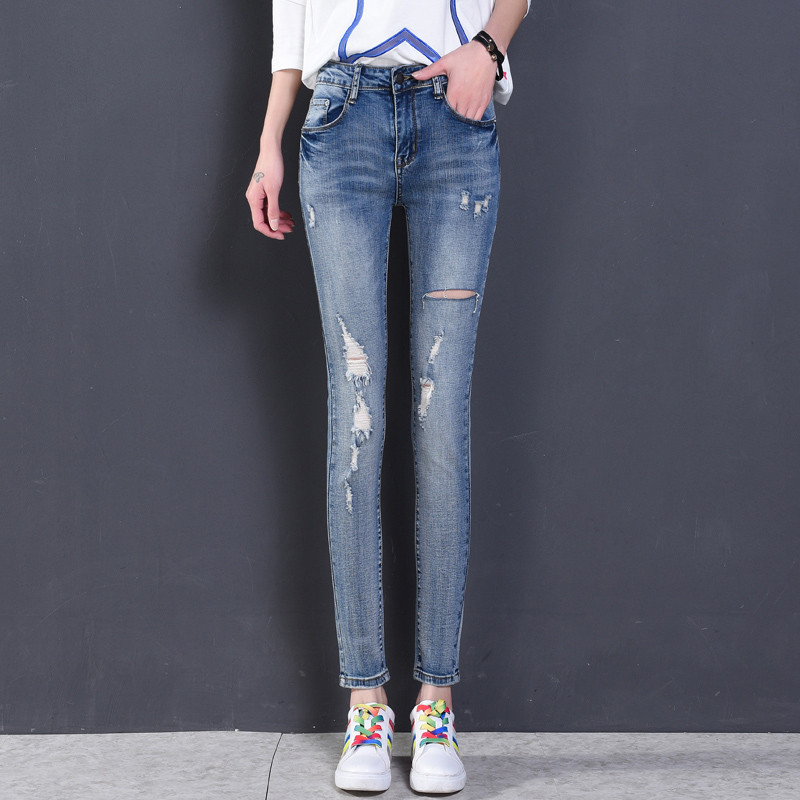 古德奈韩版破洞牛仔裤2017春夏新款女九分剪