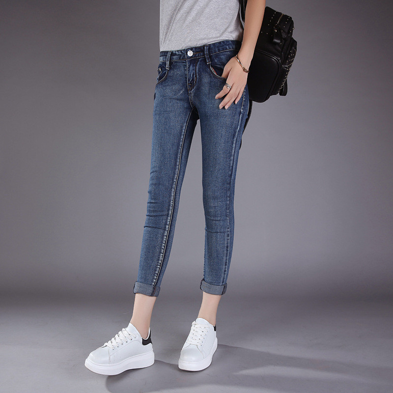 韩妃图2017中腰牛仔裤女小脚长裤铅笔裤弹力