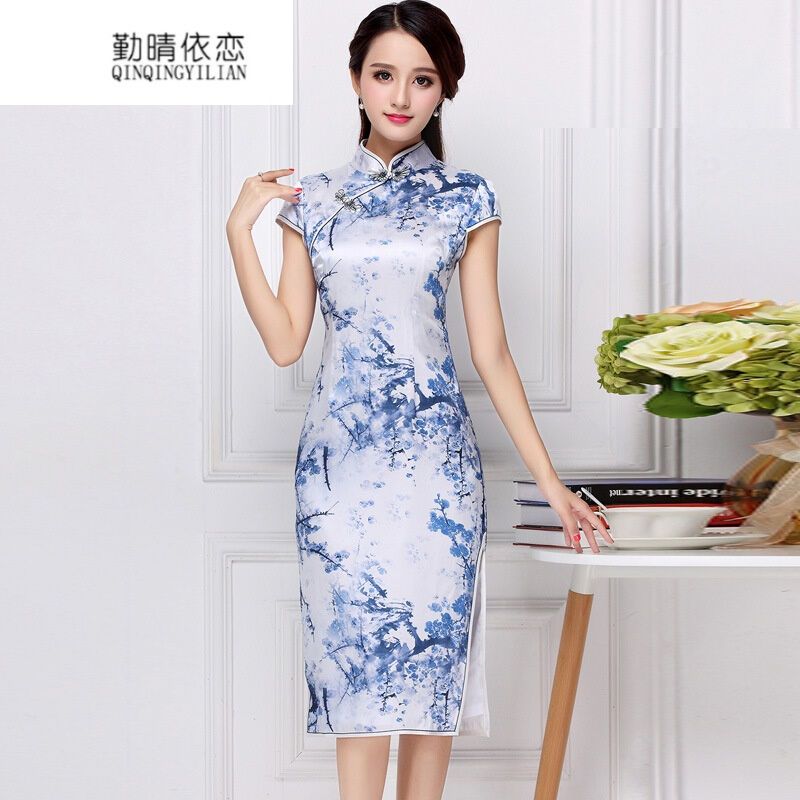 勤晴依恋旗袍短款2017新款夏季改良修身真丝