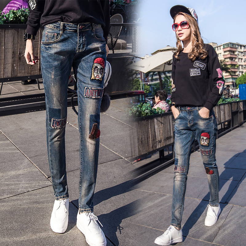 魅言魅语2017春装新款刺绣女牛仔长裤垮裤哈