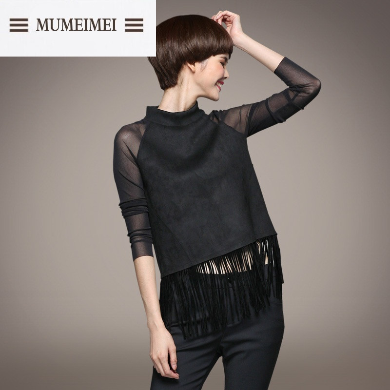MUM2017春装新款品牌女装麂皮绒上衣流苏T