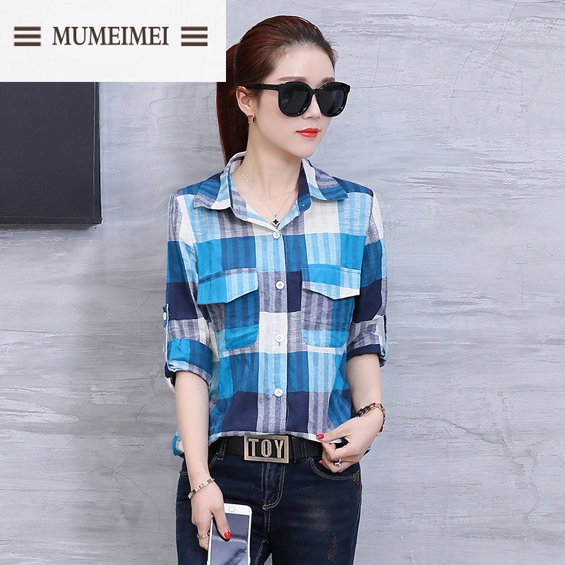 MUM格子衬衫女修身2017春季新款韩版休闲简