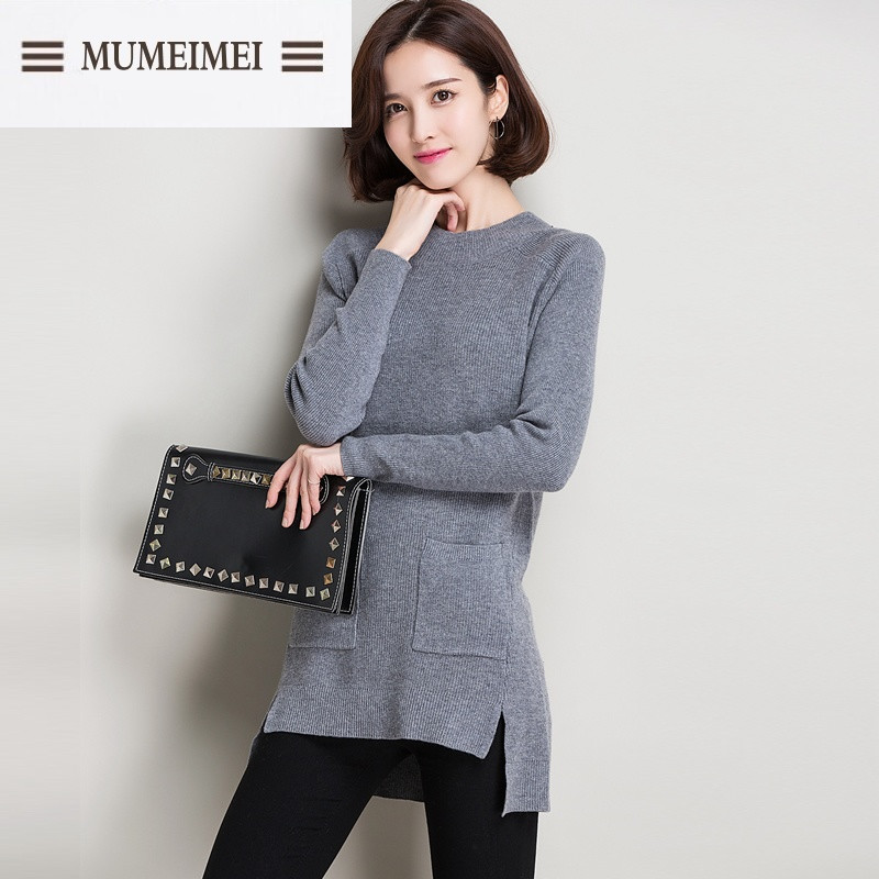 MUM纯羊毛衫前短后长毛衣女秋冬中长款套头