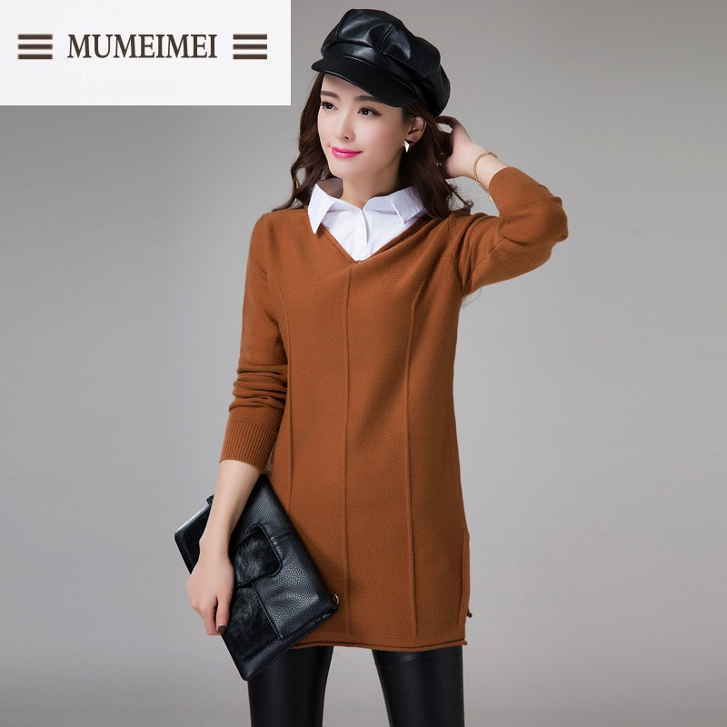 MUM2017春季新款韩版女毛衣中长款衬衫领套