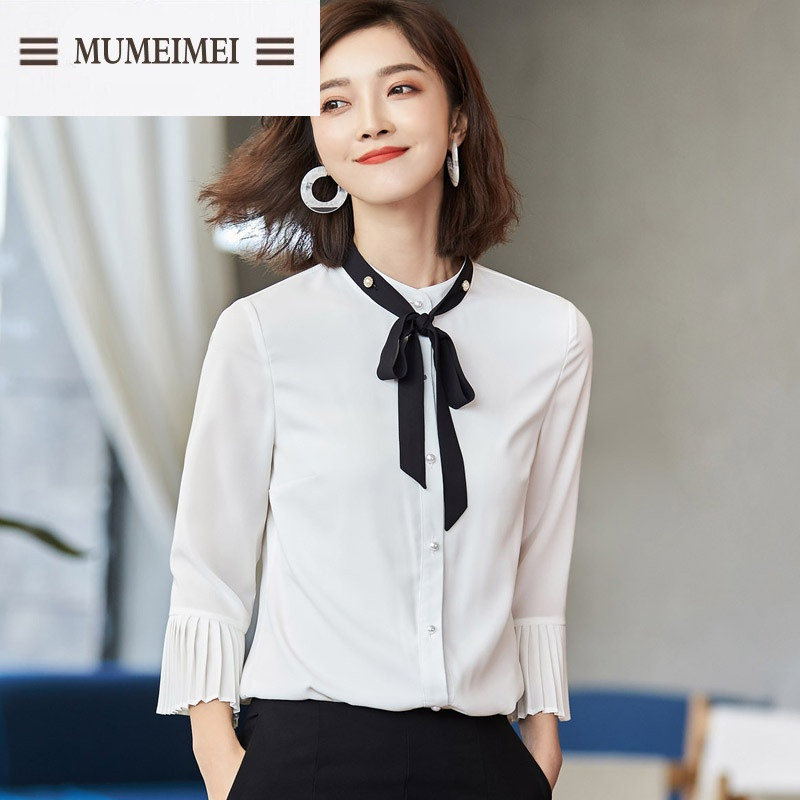 MUM2017春季新款雪纺衫女长袖韩版 飘带衬衫