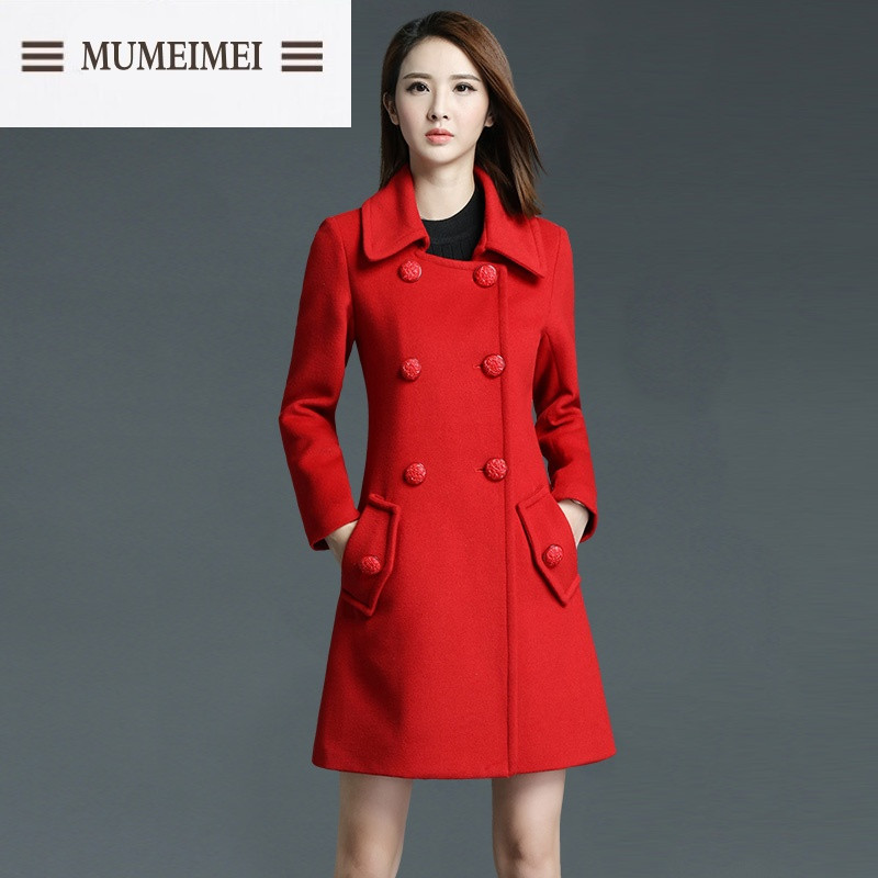 UM2016红色修身呢子大衣女中长款加厚长袖秋