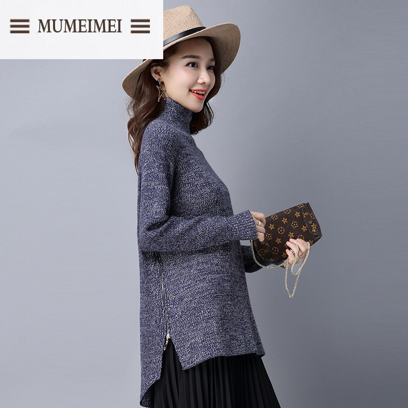 MUM高领粗线毛衣女秋冬花线针织衫女套头宽