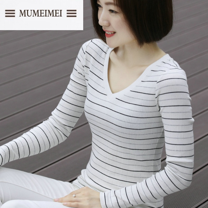 MUM春秋装新款海魂韩版细横条纹v领T恤女长