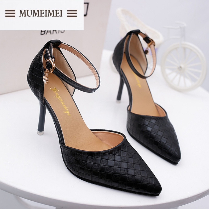 MUM春季尖头鞋细跟高跟鞋白色格子妈妈鞋子