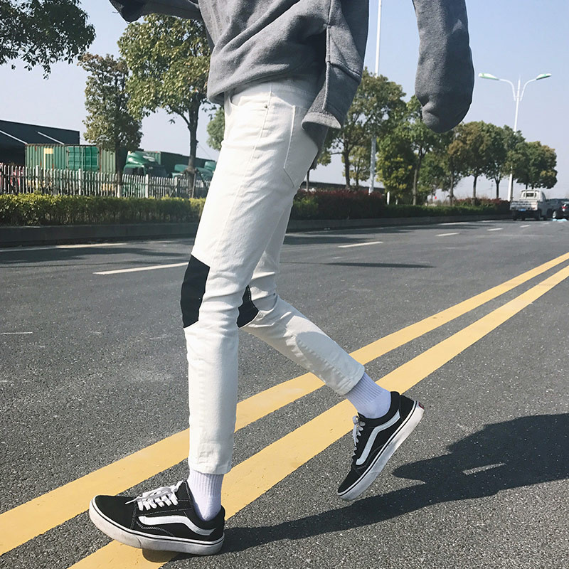 韩国BF风时尚个性补丁九分裤男弹力紧身白色