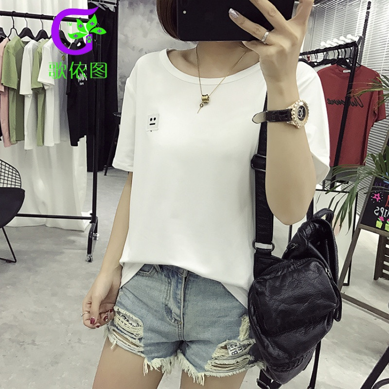 歌依图 夏季潮牌笑脸刺绣图案短袖T恤简约休闲