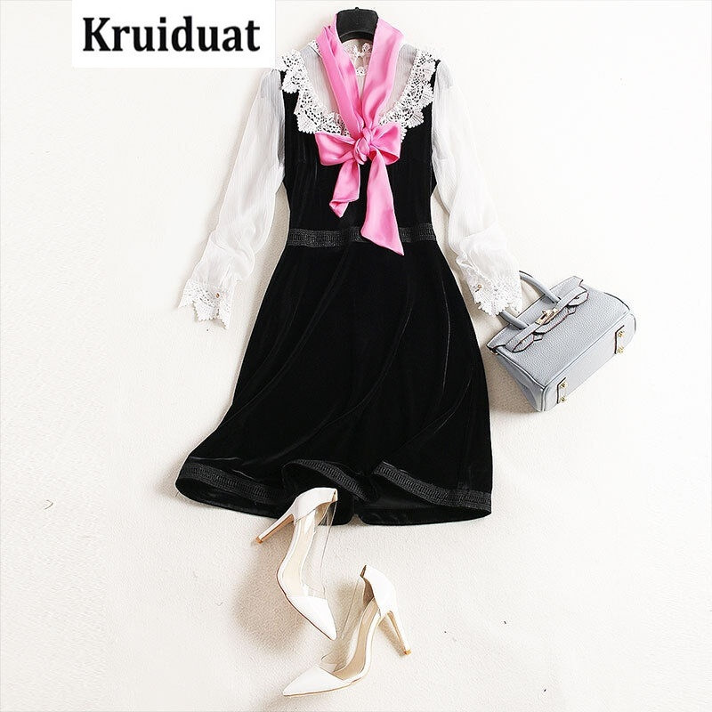 Kruidvat2017春季新款女装水溶花边拼丝绒A字