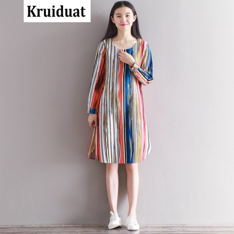 Kruidvat2017春女装新款修身棉麻长裙竖条纹长