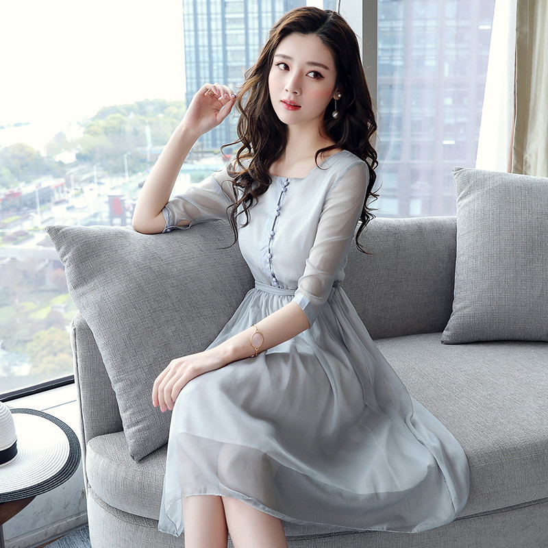 莞馨立领纯色优雅韩版修身显瘦气质连衣裙中长款2017年夏季连衣裙