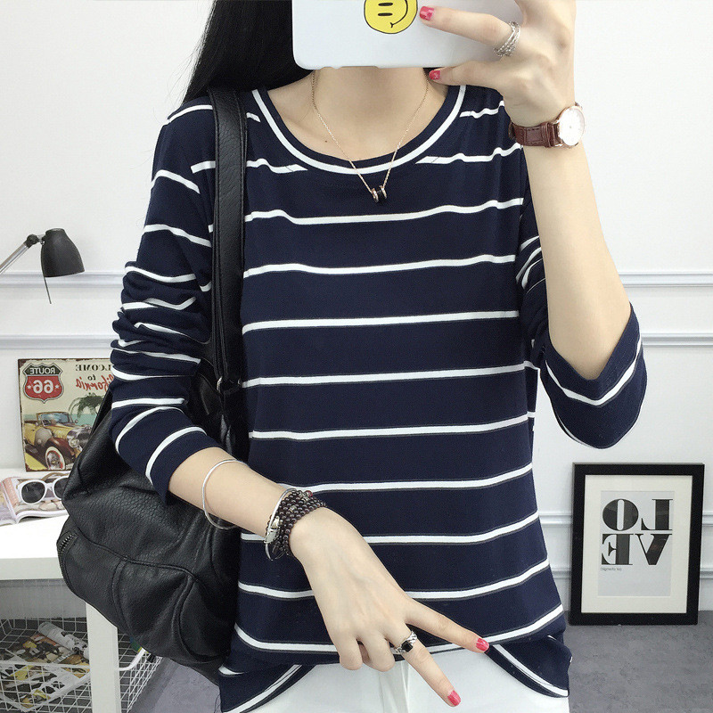 2017新款大码黑白横条纹t恤女长袖宽松圆领棉