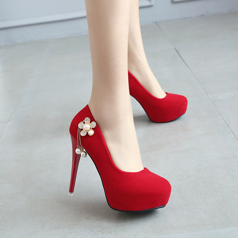 高跟鞋细跟性感圆头珍珠12CM防水台单鞋红色